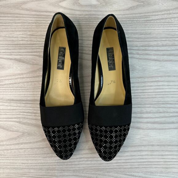 Gabor Sanctuary Ladies Court Shoes WMNS 7.5 Black Suede Leather Studded Toe Flat - Picture 8 of 9